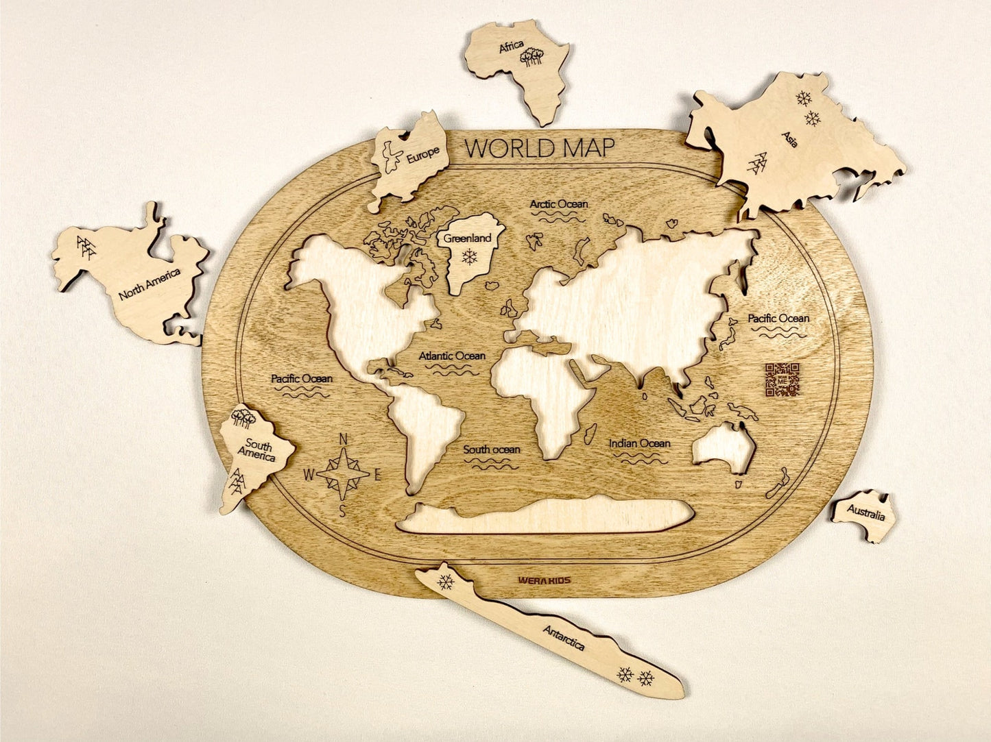 World Map Puzzle, Wooden Map Puzzle For Kids, Handmade Wooden Map Puzzle With Continents And Oceans, Learning Puzzle