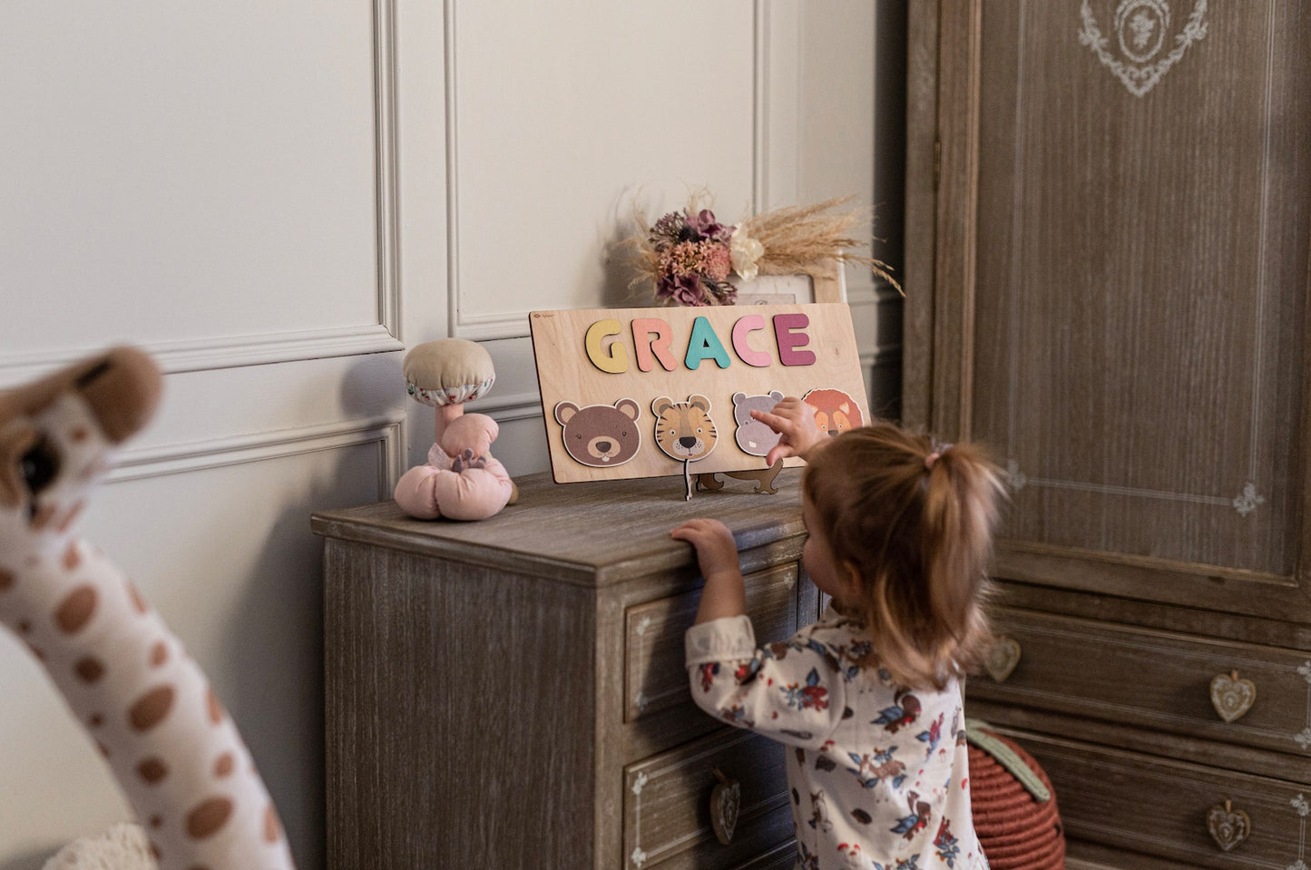 Wooden Name Puzzle with Animals Shapes and Letters -Educational Toys - Montessori - Birthday Gift - Nursery Decoration-1st Birthday Present