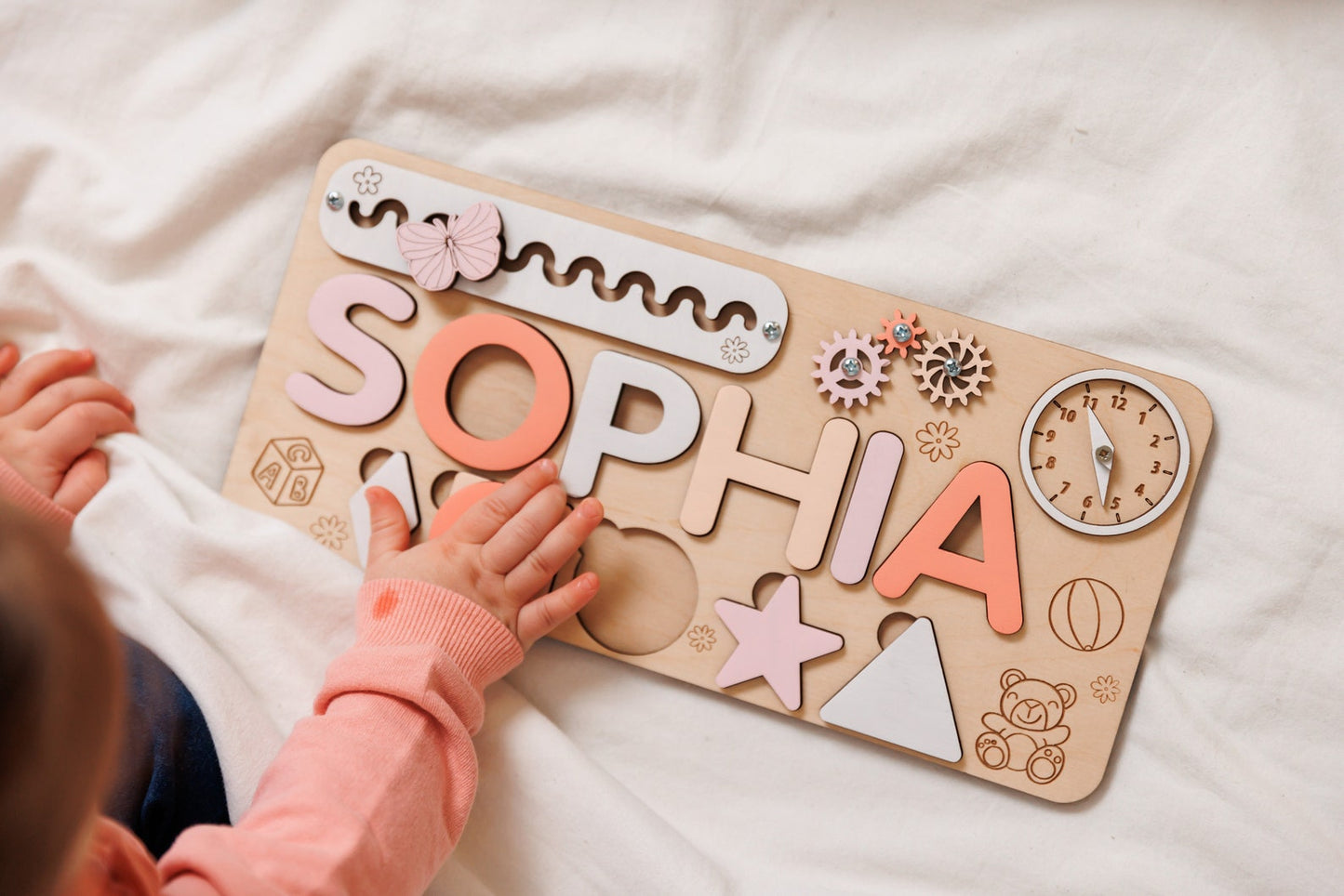 Toddler Busy Board Birthday Gift, Custom Name Puzzle Baby Girl Gift, Personalized Baby Sensory Toys, Wood Name Puzzle Gifts for Kids