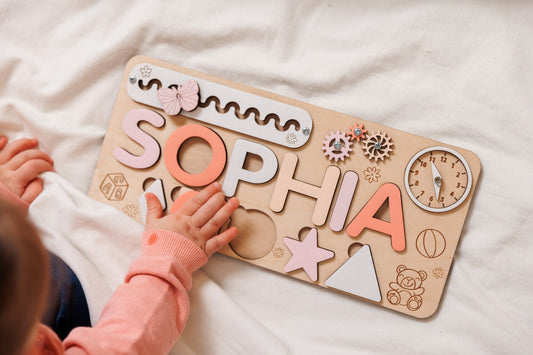 Toddler Busy Board Birthday Gift, Custom Name Puzzle Baby Girl Gift, Personalized Baby Sensory Toys, Wood Name Puzzle Gifts for Kids