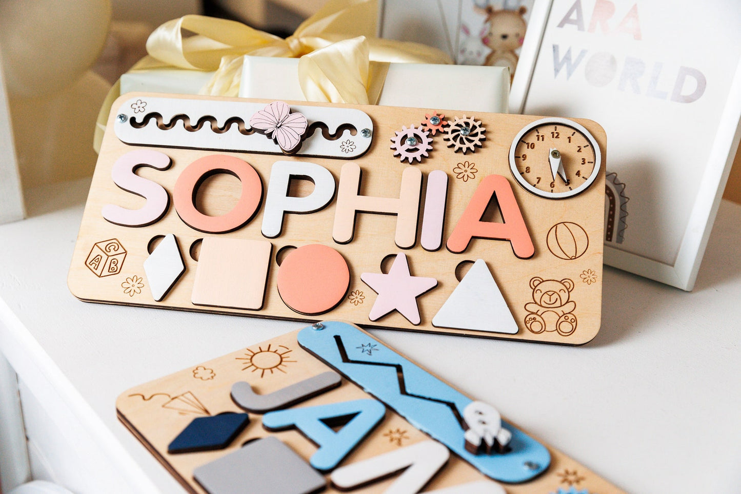 Toddler Busy Board Birthday Gift, Custom Name Puzzle Baby Girl Gift, Personalized Baby Sensory Toys, Wood Name Puzzle Gifts for Kids