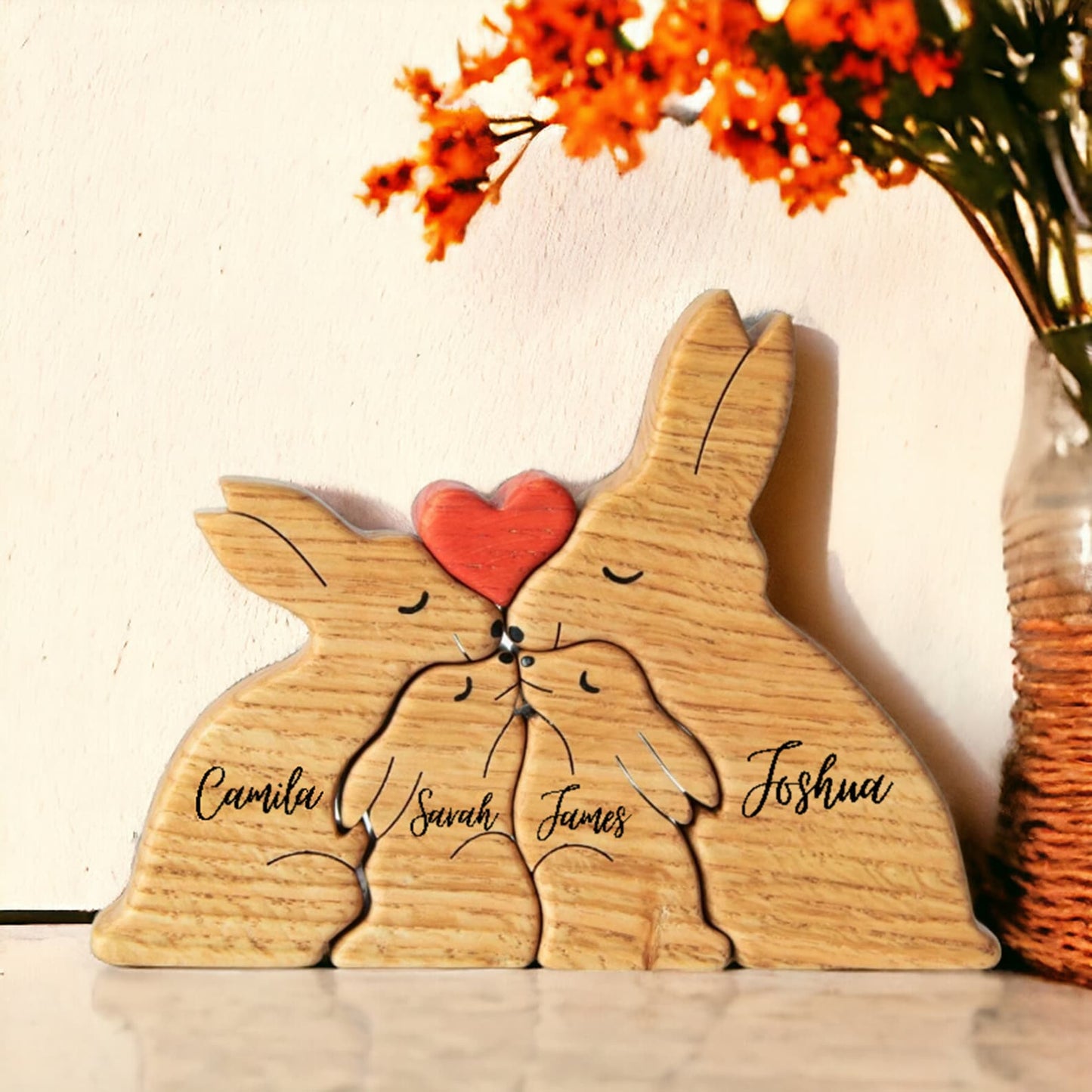 Wooden Bunny Family Puzzle, Engraved Family Name Puzzle, Rabbit Family Keepsake Gift, Animal Family,Gift for Kids, Mother's Day Gift for Her