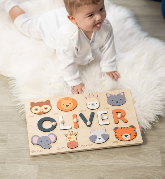 Montessori Board Puzzles Personalized Baby Gift 1 Year Old Boy Name Puzzle with Animals 1st Birthday Gifts Wooden Toys Baby Kids Toddlers