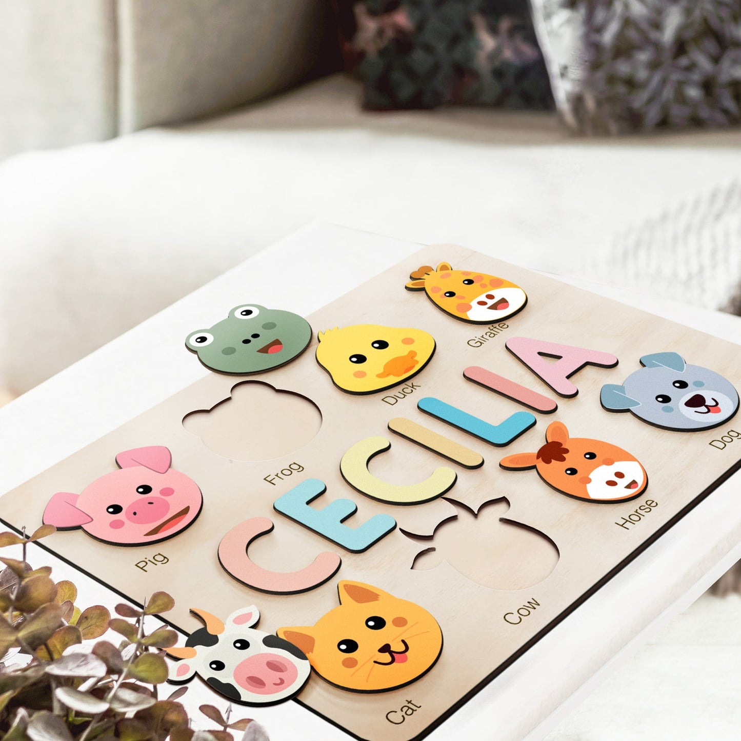 Custom Handmade Name Puzzle with Animals, Personalized Birthday Gift for Kids, Christmas Gifts for Toddlers, Unique New Baby Gift, Wood Toy