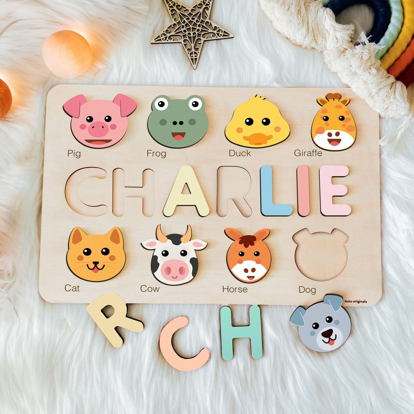 Custom Handmade Name Puzzle with Animals, Personalized Birthday Gift for Kids, Christmas Gifts for Toddlers, Unique New Baby Gift, Wood Toy