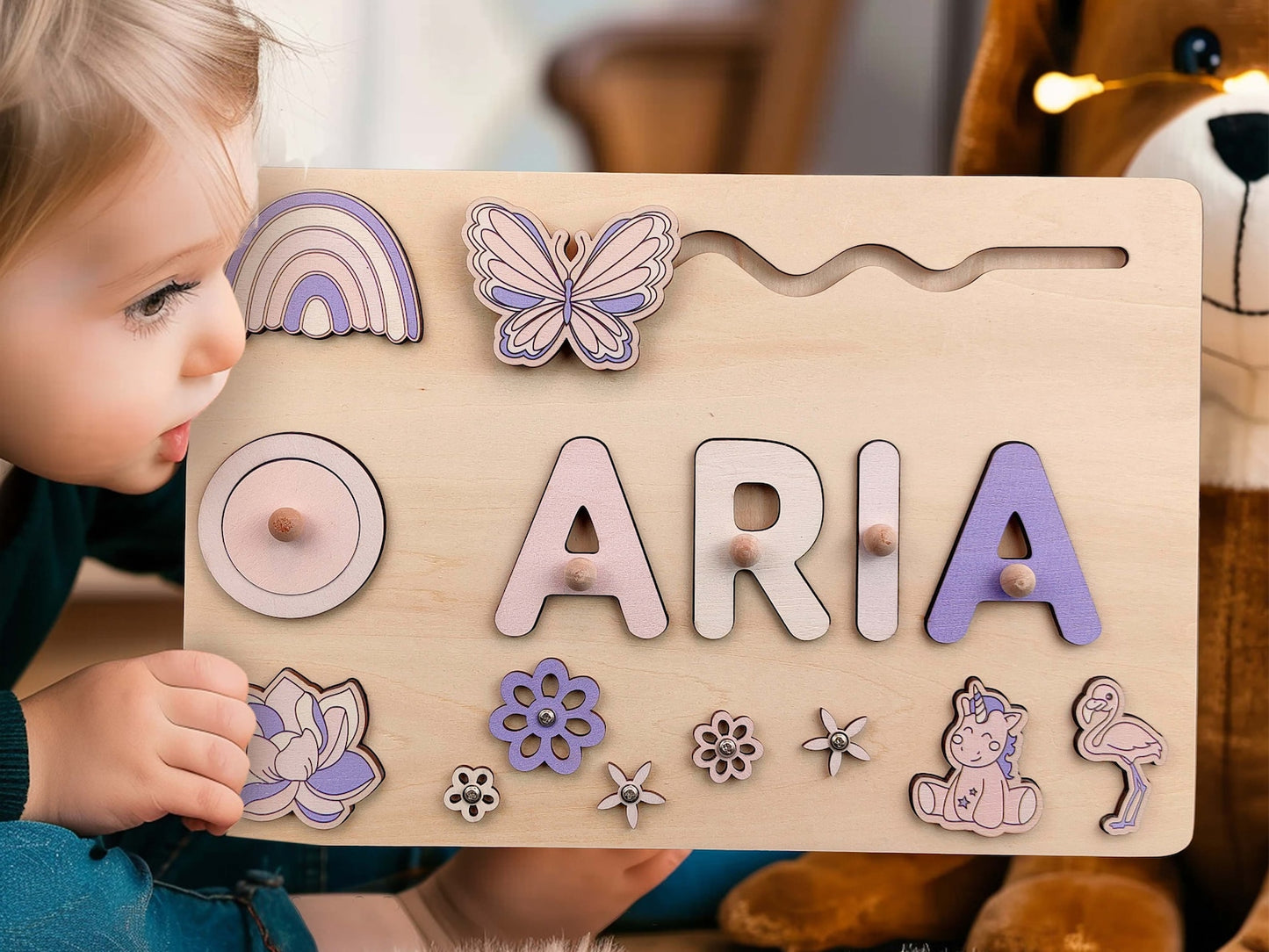 Montessori Name Puzzle for Kids - Personalized Wooden Busy Board, Sensory Toys for 2 Year Olds, Perfect Baptism & Birthday Gift