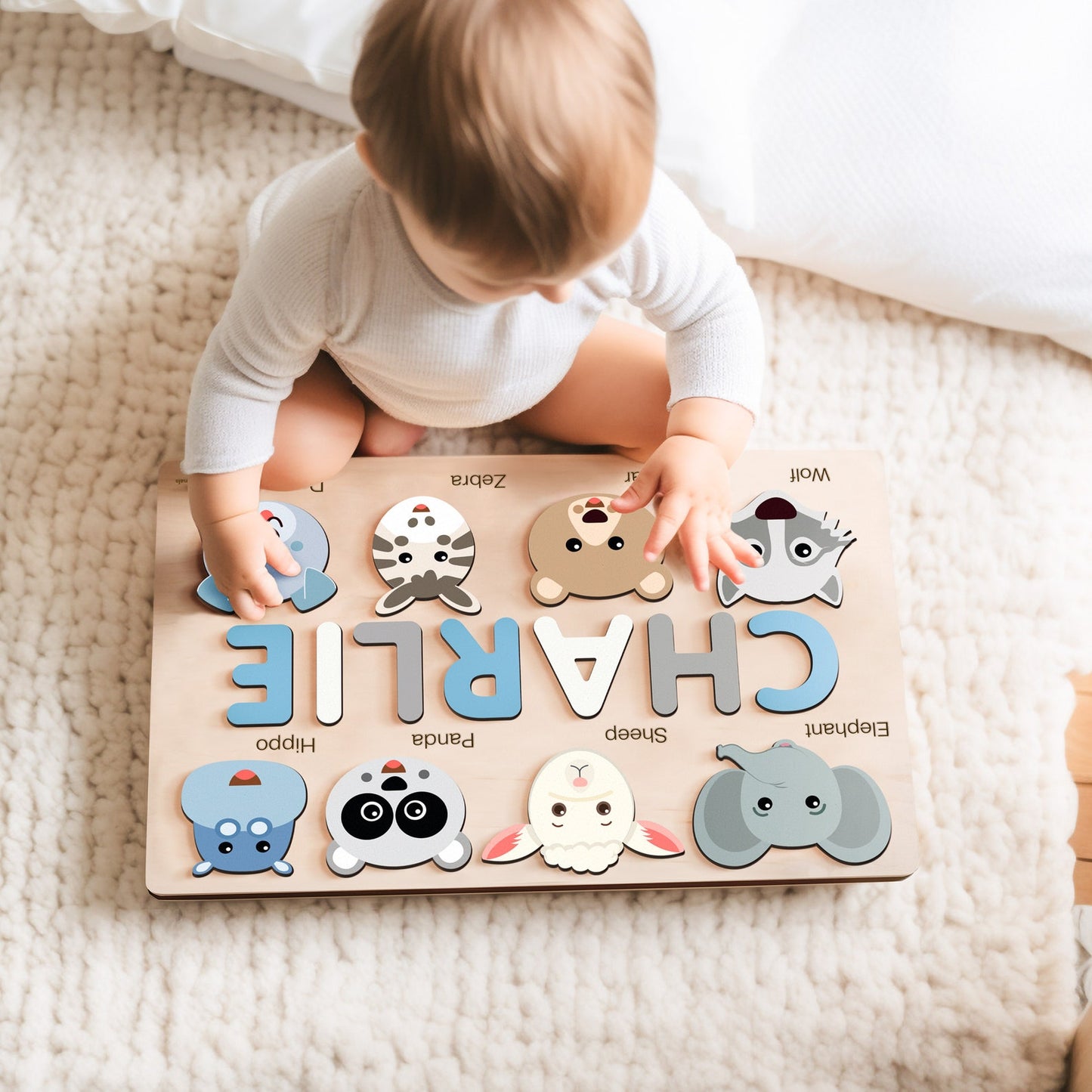 Custom Handmade Name Puzzle with Animals, Personalized Birthday Gift for Kids, Christmas Gifts for Toddlers, Unique New Baby Gift, Wood Toy