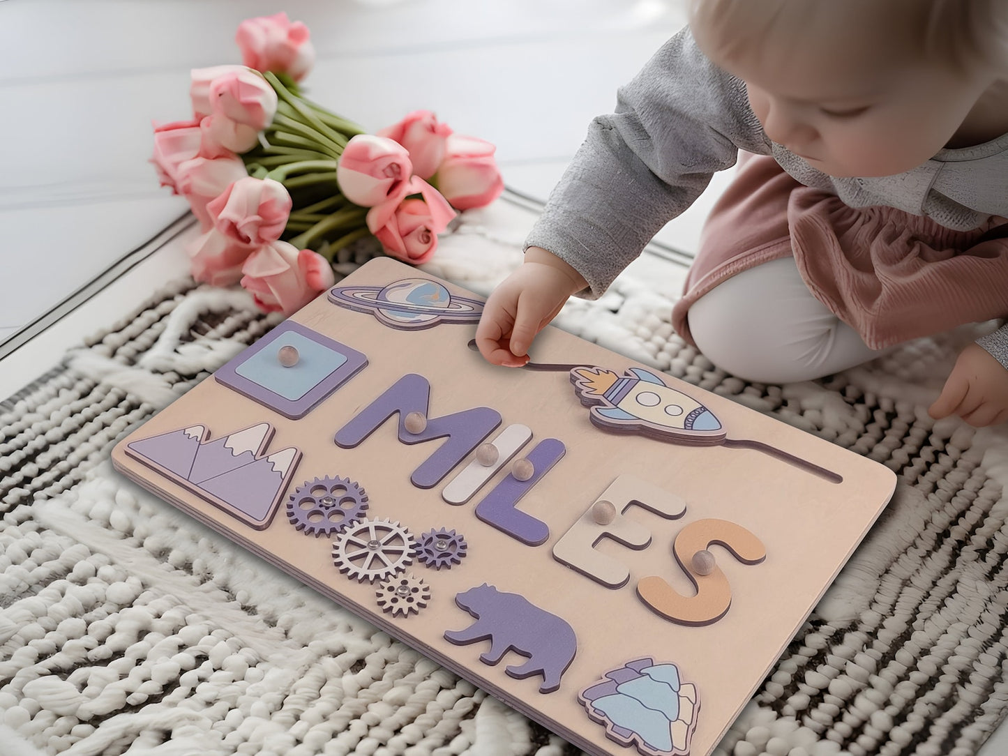 Montessori Name Puzzle for Kids - Personalized Wooden Busy Board, Sensory Toys for 2 Year Olds, Perfect Baptism & Birthday Gift