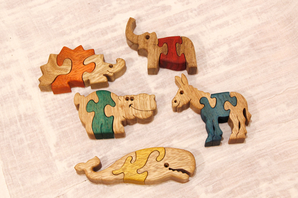 Set of 5 Baby Puzzles - Wood Animal Puzzles - Kids' Game - Collectible Decor - Educational Play