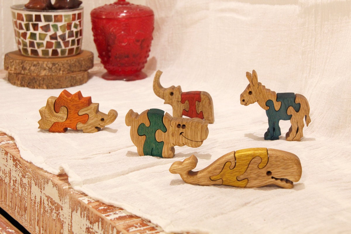 Set of 5 Baby Puzzles - Wood Animal Puzzles - Kids' Game - Collectible Decor - Educational Play