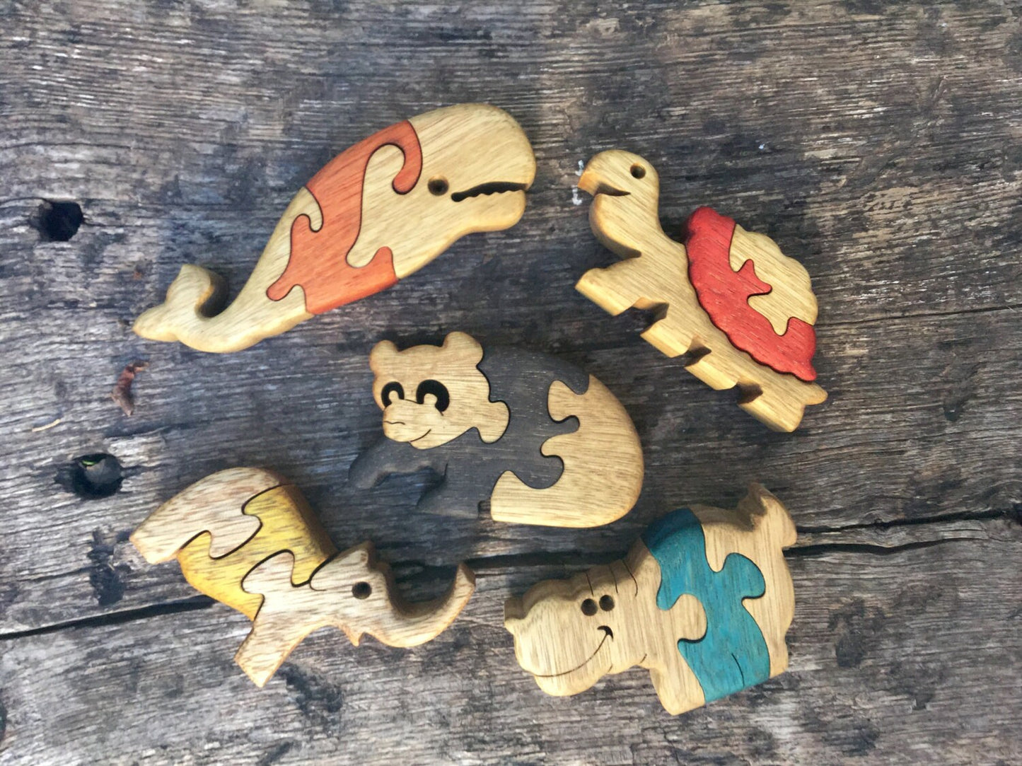 Set of 5 Baby Puzzles - Wood Animal Puzzles - Kids' Game - Collectible Decor - Educational Play