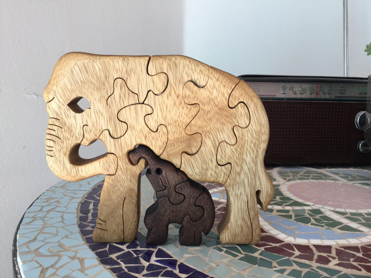 Handmade Elephant & Baby Puzzle - Wooden Interlocking Family Toy - Perfect Gift for Animal Lovers