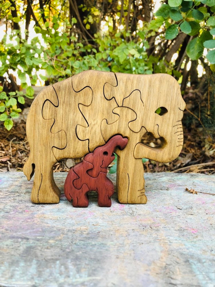 Handmade Elephant & Baby Puzzle - Wooden Interlocking Family Toy - Perfect Gift for Animal Lovers