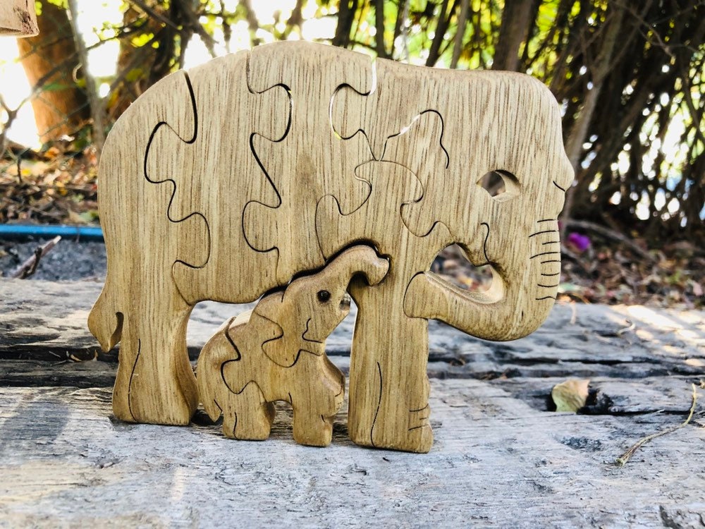 Handmade Elephant & Baby Puzzle - Wooden Interlocking Family Toy - Perfect Gift for Animal Lovers