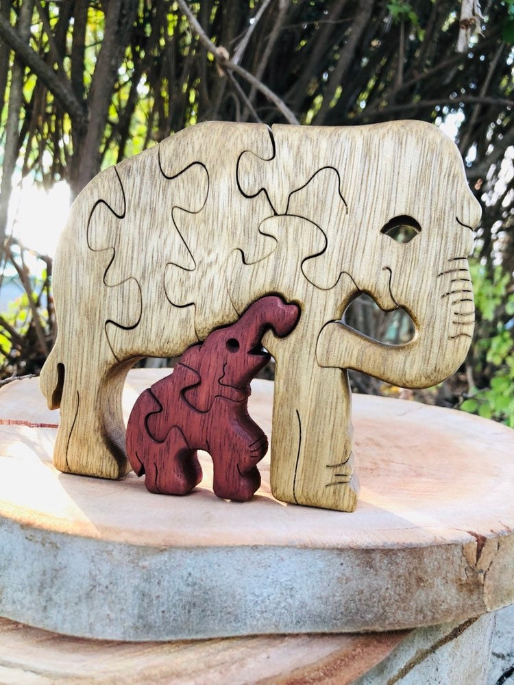 Handmade Elephant & Baby Puzzle - Wooden Interlocking Family Toy - Perfect Gift for Animal Lovers