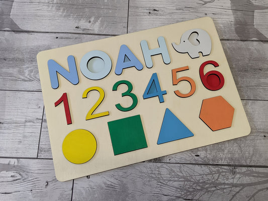 Name  - Shape - Numbers - Personalised Name Puzzle, Wood Baby Gift, Wooden Gift, Wooden child gift, wooden name puzzle. wooden jigsaw