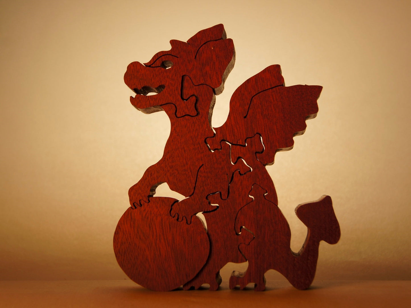 BABY DRAGON with BALL Wood Puzzle / Unique Handcrafted Wooden Jigsaw Animal Puzzle /Free Standing (or with Keeper)/ Sustainably Sourced Wood