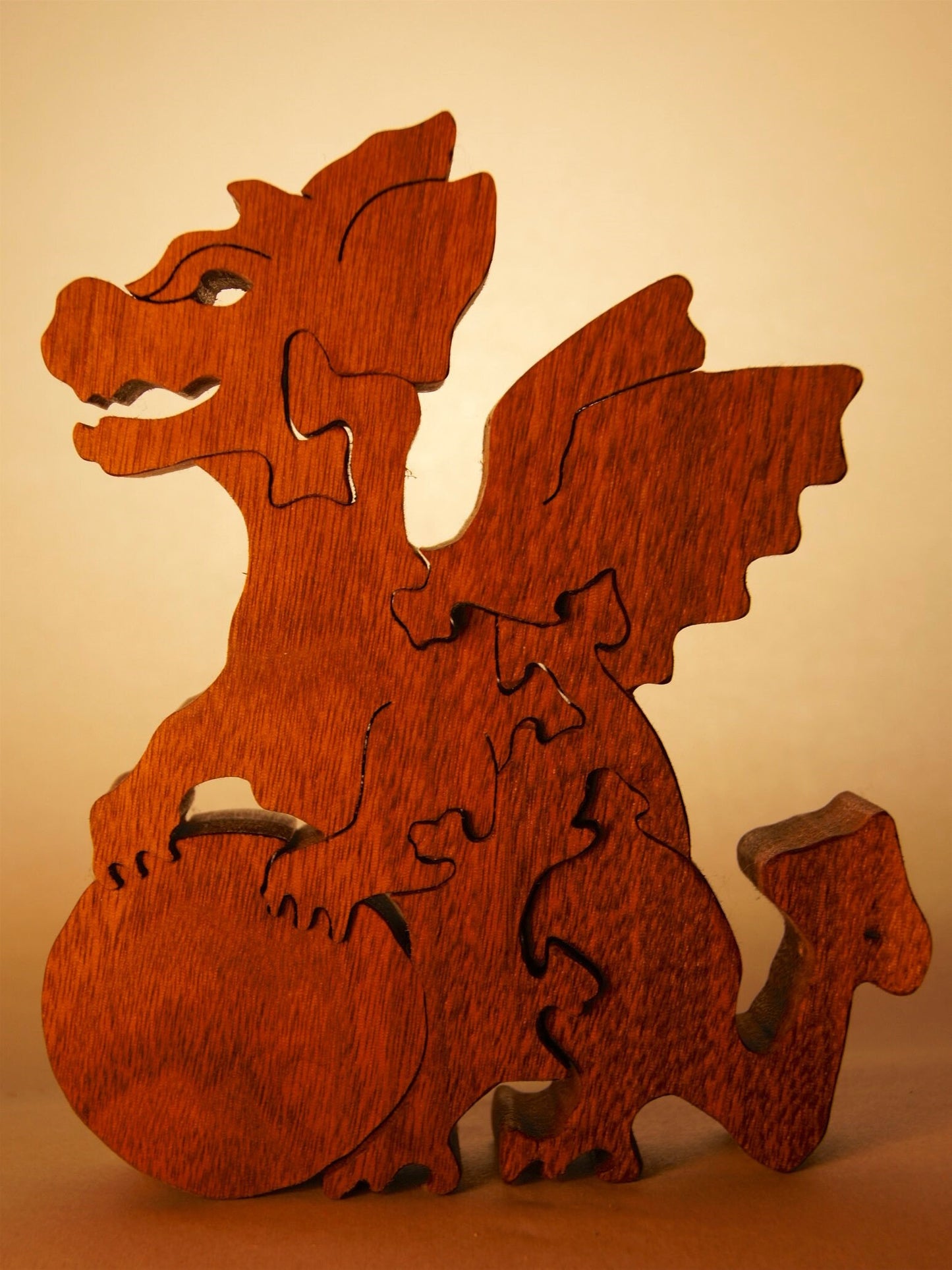 BABY DRAGON with BALL Wood Puzzle / Unique Handcrafted Wooden Jigsaw Animal Puzzle /Free Standing (or with Keeper)/ Sustainably Sourced Wood