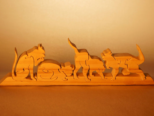 FOUR CATS PLAYING Wood Puzzle  / Unique Handcrafted Wooden Jigsaw Animal Puzzle / Free Standing / Sustainably Sourced Wood