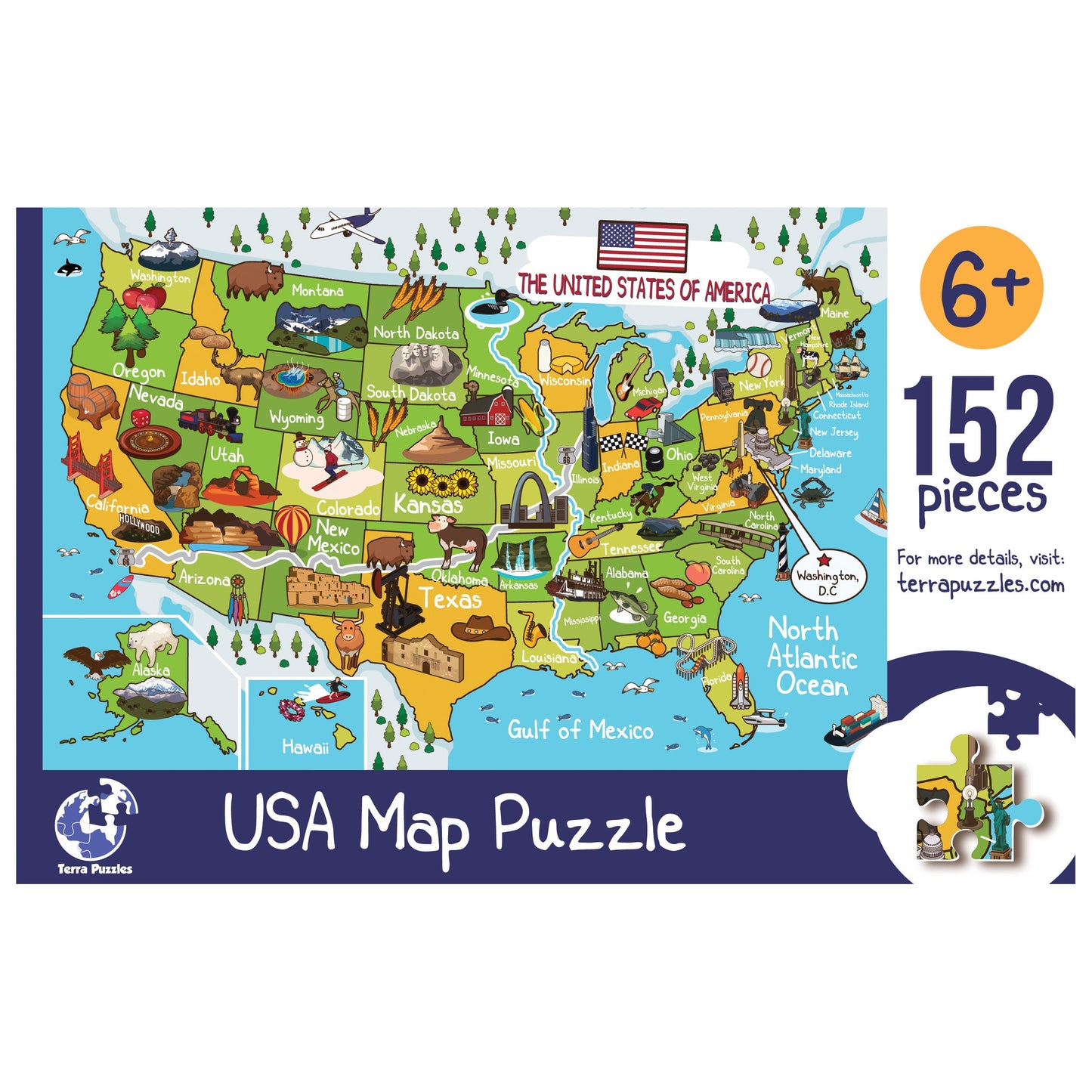 USA Illustrated Map Wooden Jigsaw Puzzle for Children and Adults, 152 Piece Wood Board Games, Holiday Gift Ideas, United States Cultural