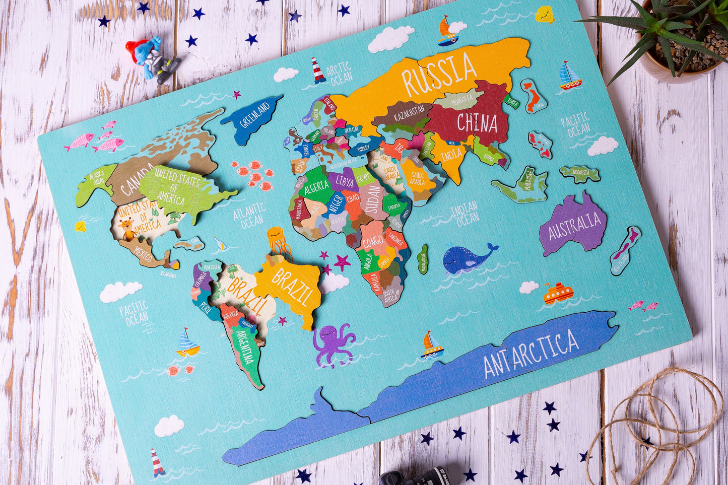 Kids Puzzle - World Map Puzzle, Educational Toy, Wooden Puzzle, Map Puzzle Wooden, Animal World Map, Montessori Toys, Gift for Children