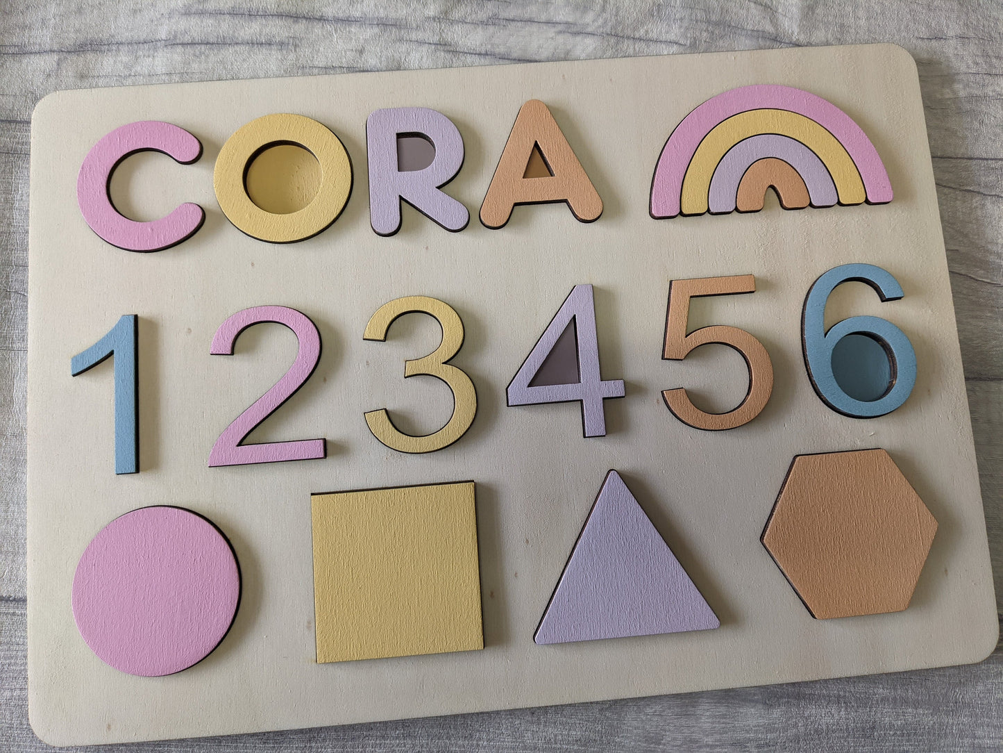 Pastel Rainbow Name  - Shape - Numbers - Personalised Rainbow Puzzle, Wood Baby Gift, Wooden Gift, wooden name puzzle. wooden jigsaw