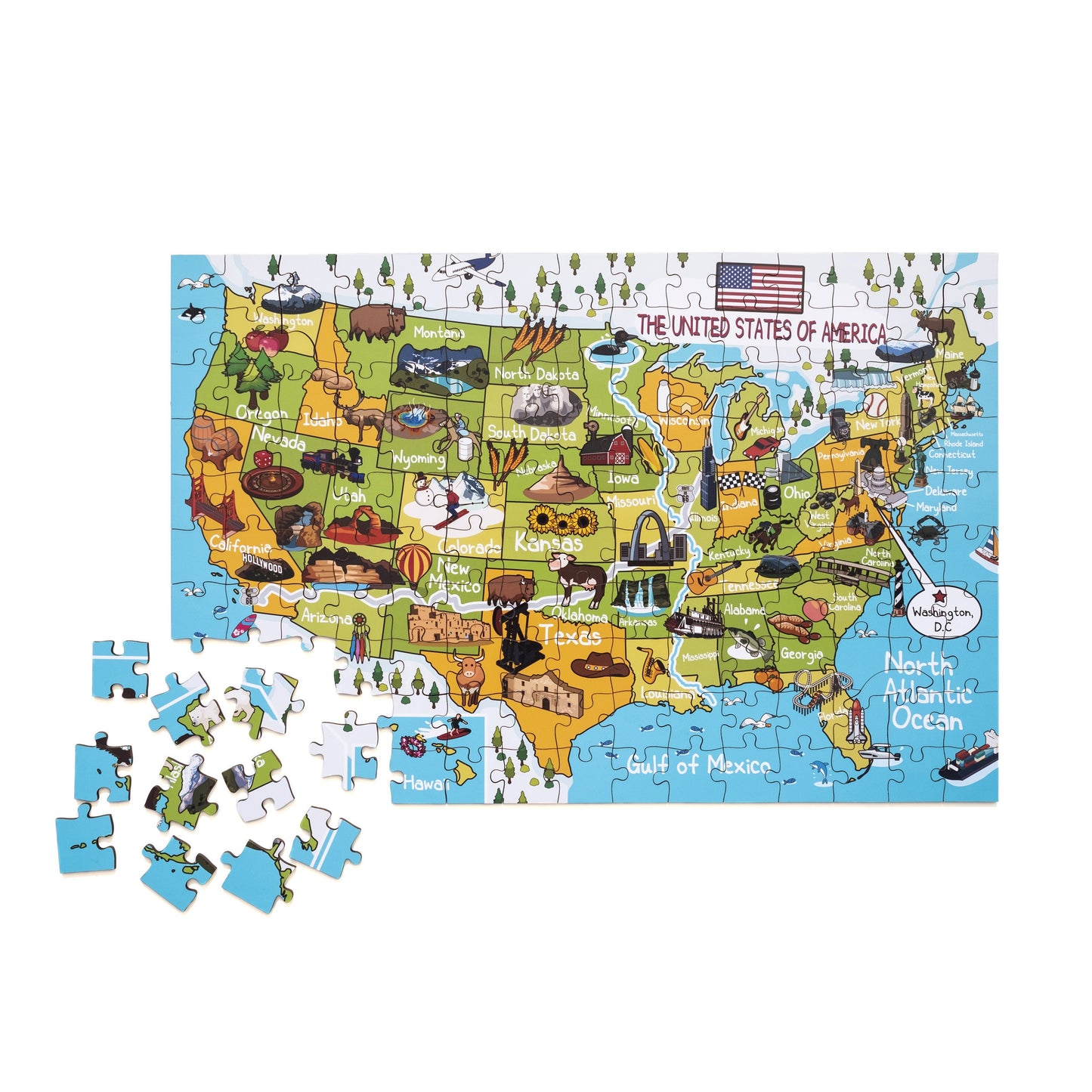 USA Illustrated Map Wooden Jigsaw Puzzle for Children and Adults, 152 Piece Wood Board Games, Holiday Gift Ideas, United States Cultural