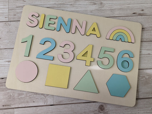 Pastel Rainbow Name  - Shape - Numbers - Personalised Rainbow Puzzle, Wood Baby Gift, Wooden Gift, wooden name puzzle. wooden jigsaw