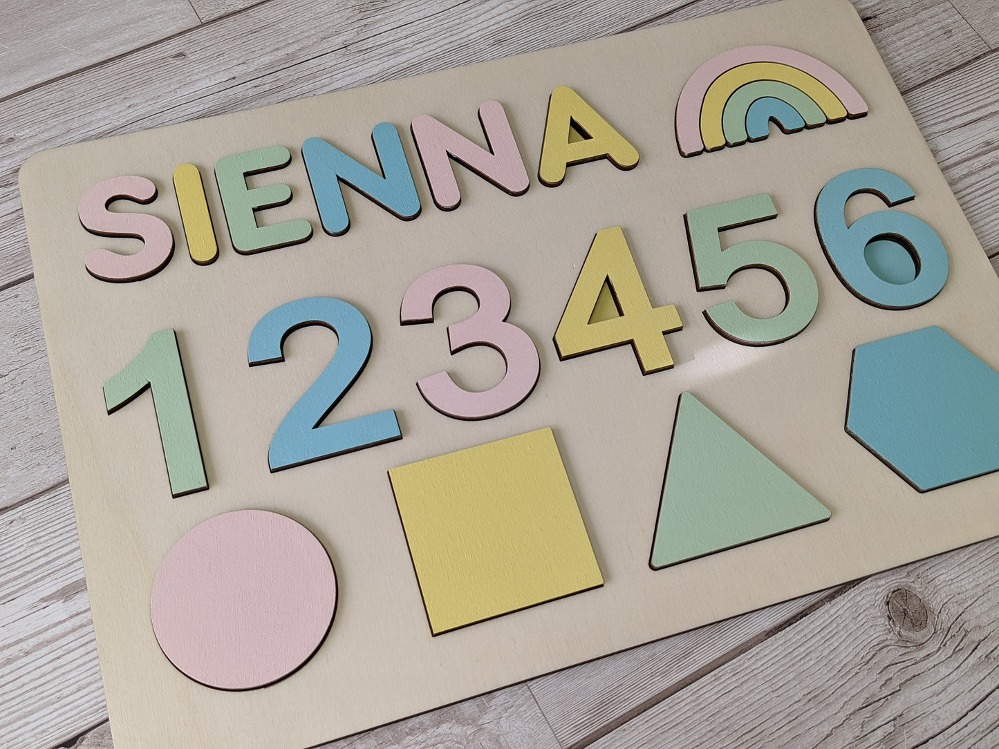 Pastel Rainbow Name  - Shape - Numbers - Personalised Rainbow Puzzle, Wood Baby Gift, Wooden Gift, wooden name puzzle. wooden jigsaw