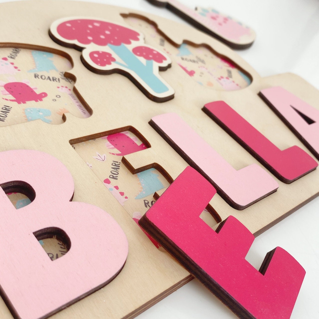 Wooden Name Puzzle, Dino Jigsaw Puzzle,Personalised Wooden Toys,Pink Baby Girl 1st Birthday Gift,Montessori Learning