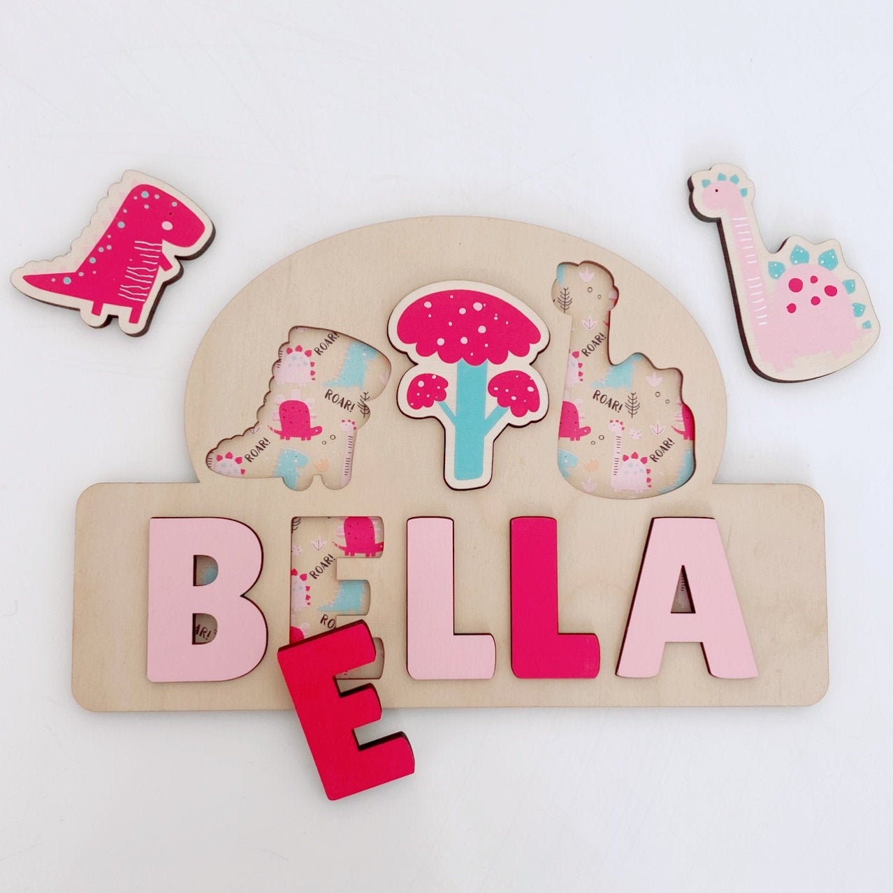 Wooden Name Puzzle, Dino Jigsaw Puzzle,Personalised Wooden Toys,Pink Baby Girl 1st Birthday Gift,Montessori Learning