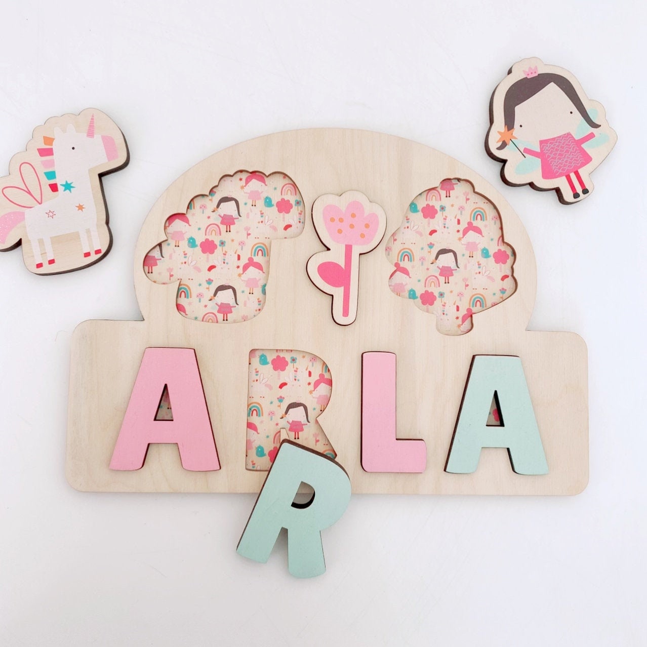 Wooden Name Puzzle, Unicorn Fairy Jigsaw Puzzle, Personalised Wooden Toys,Baby Girl 1st Birthday Gift,Montessori Learning