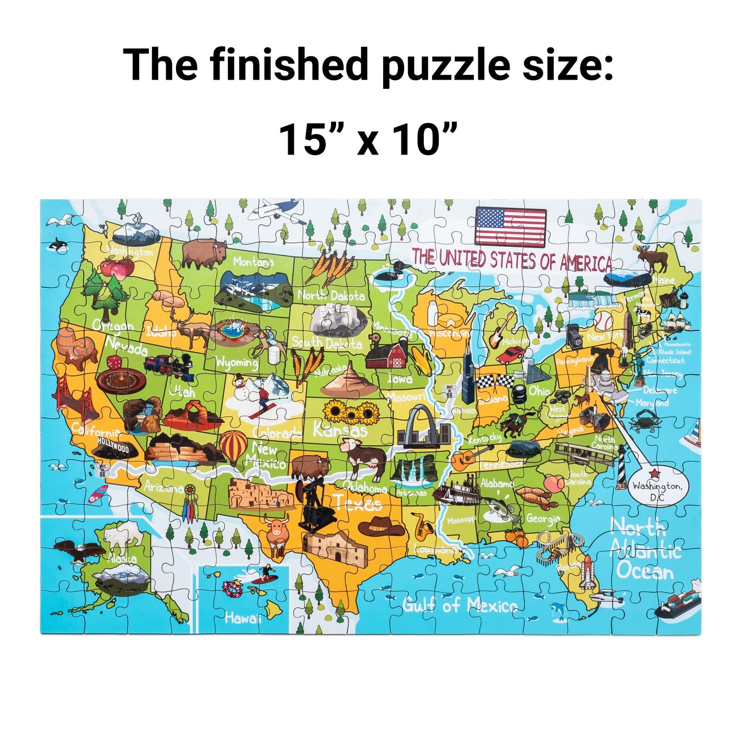 USA Illustrated Map Wooden Jigsaw Puzzle for Children and Adults, 152 Piece Wood Board Games, Holiday Gift Ideas, United States Cultural