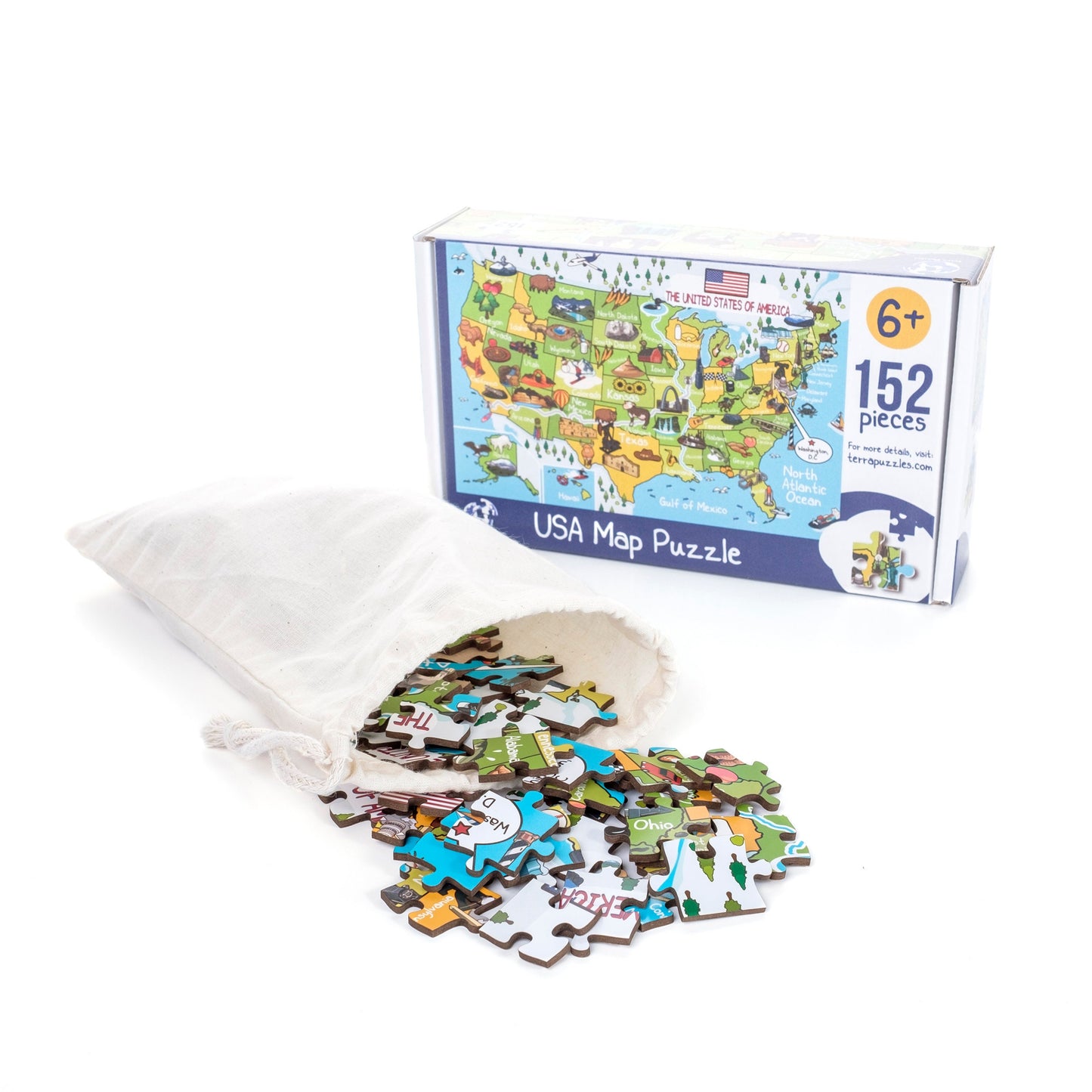 USA Illustrated Map Wooden Jigsaw Puzzle for Children and Adults, 152 Piece Wood Board Games, Holiday Gift Ideas, United States Cultural