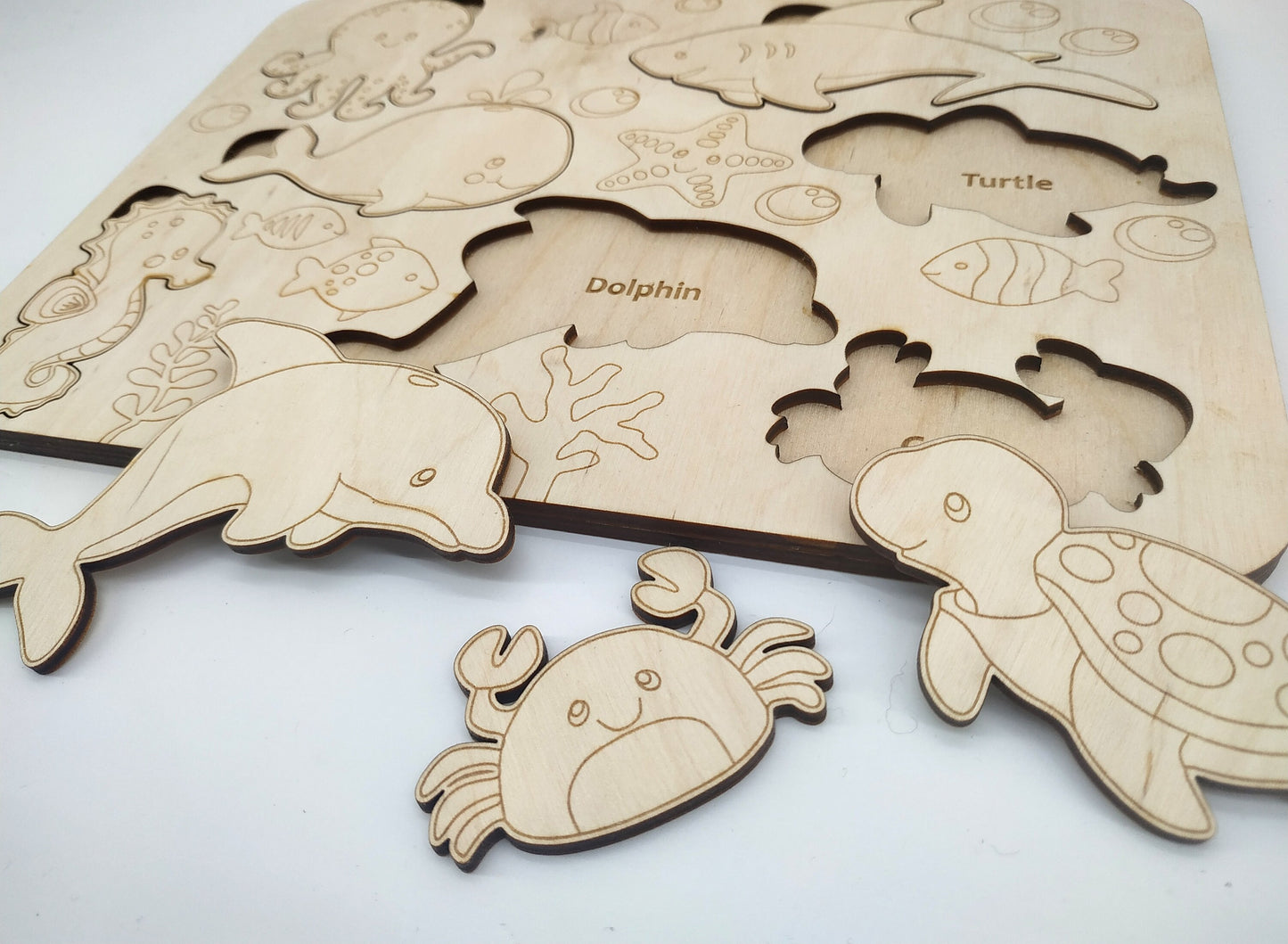 Wooden Sea Animal puzzle, educational shape Puzzle Montessori Toy, Study & Paint Marine inhabitants learning game. Personalized kids Gift