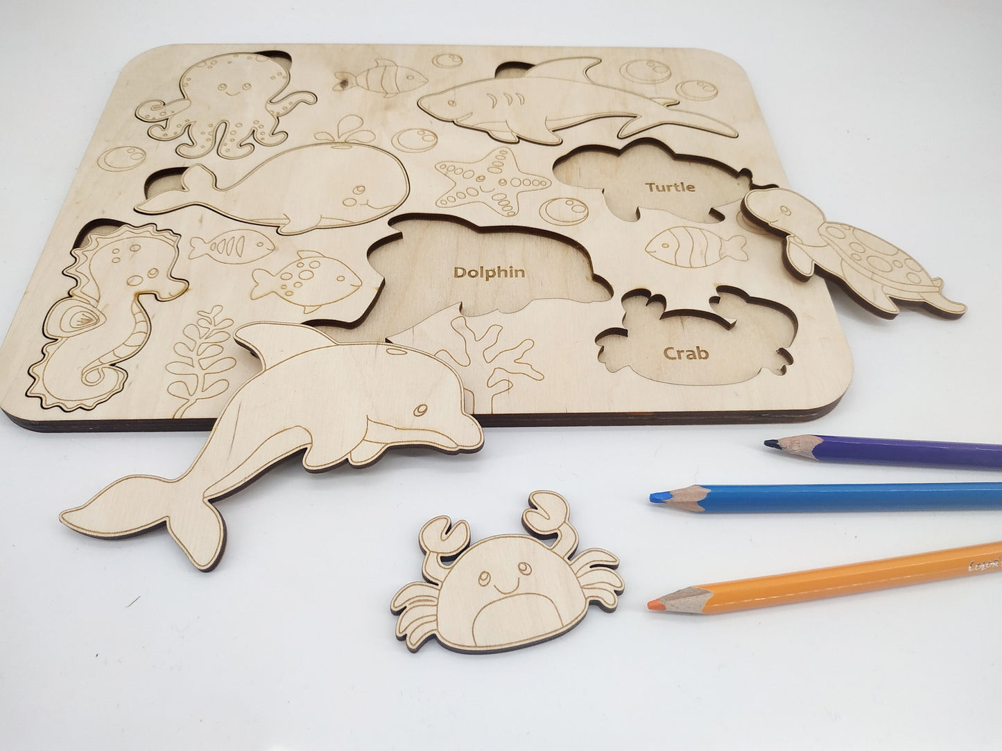 Wooden Sea Animal puzzle, educational shape Puzzle Montessori Toy, Study & Paint Marine inhabitants learning game. Personalized kids Gift