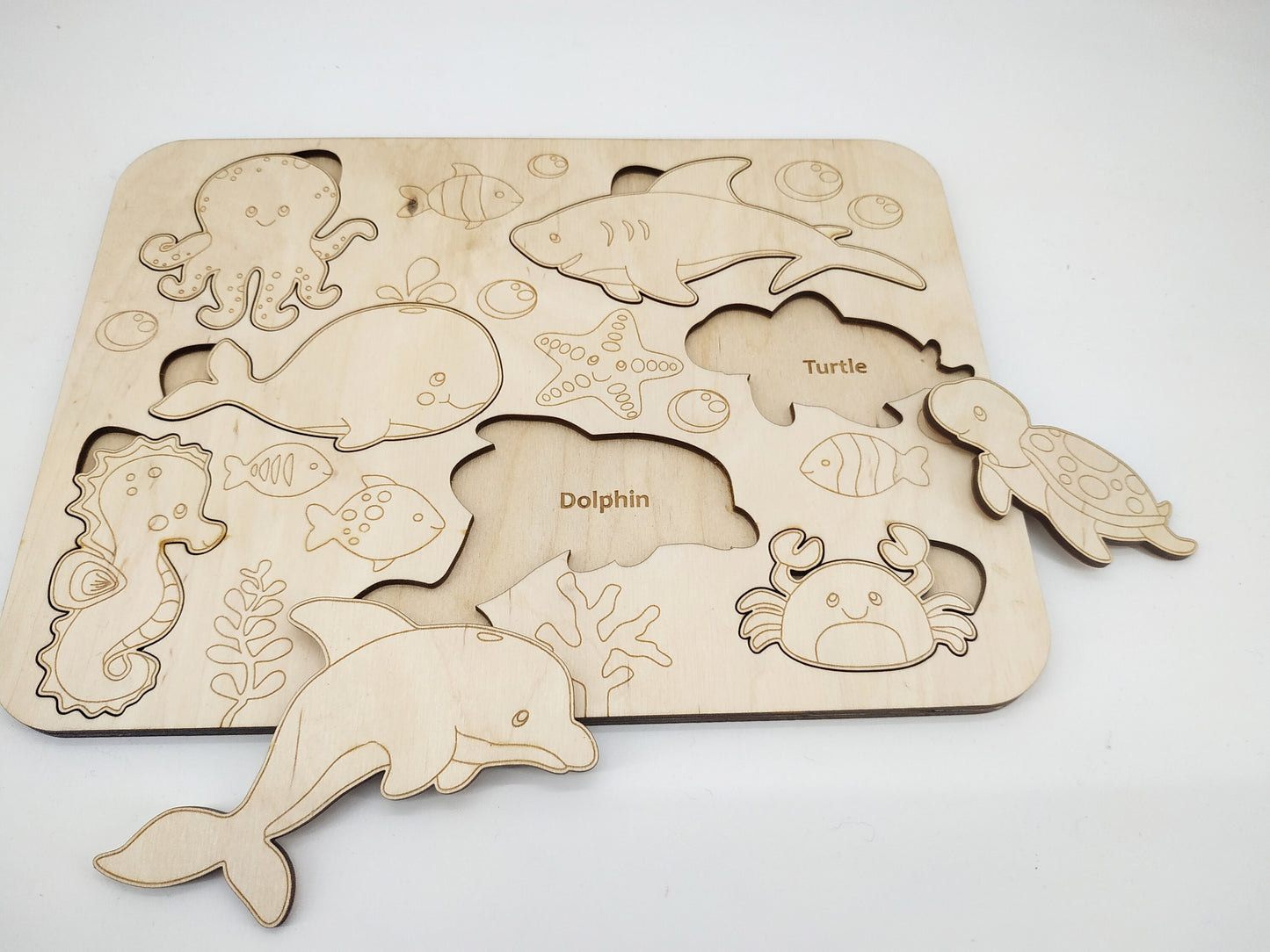 Wooden Sea Animal puzzle, educational shape Puzzle Montessori Toy, Study & Paint Marine inhabitants learning game. Personalized kids Gift