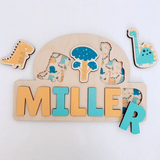 Wooden Name Puzzle, Dinosaur gift, Dino Jigsaw Puzzle, Personalised Wooden Toys,Baby Boy Girl 1st Birthday Gift,Montessori Learning