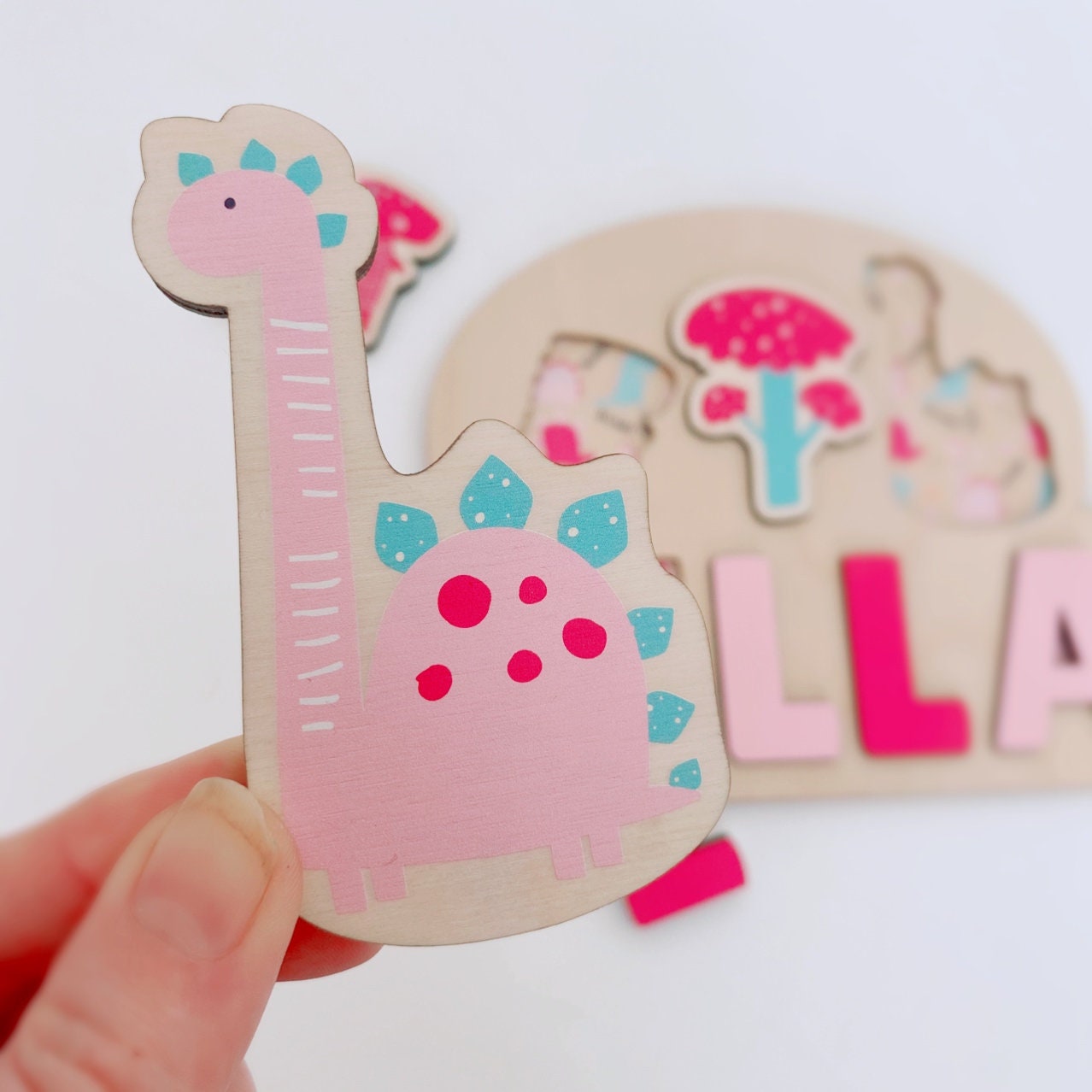 Wooden Name Puzzle, Dino Jigsaw Puzzle,Personalised Wooden Toys,Pink Baby Girl 1st Birthday Gift,Montessori Learning