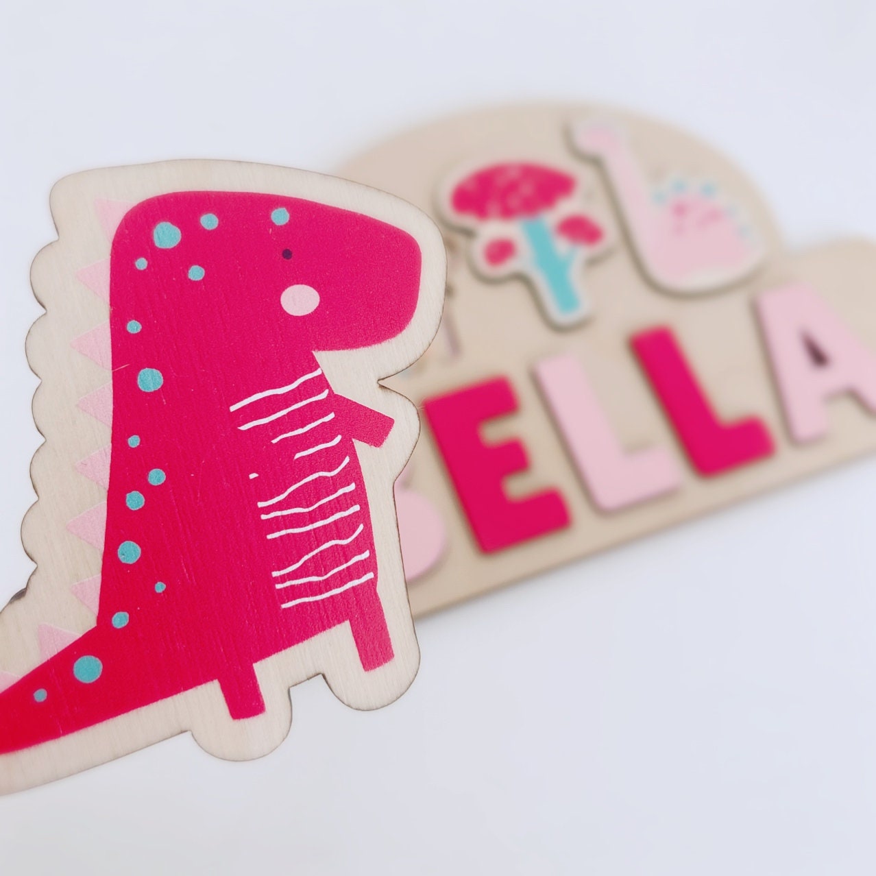 Wooden Name Puzzle, Dino Jigsaw Puzzle,Personalised Wooden Toys,Pink Baby Girl 1st Birthday Gift,Montessori Learning