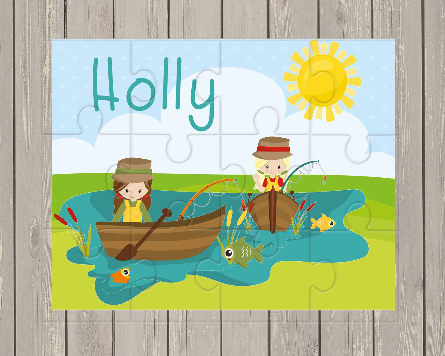 Personalised Fishing Jigsaw Puzzle, Gift for children, Birthday Gift, Party Favours, Boa, Fish, Park, Lake , River, Fishing line. Wood/Card