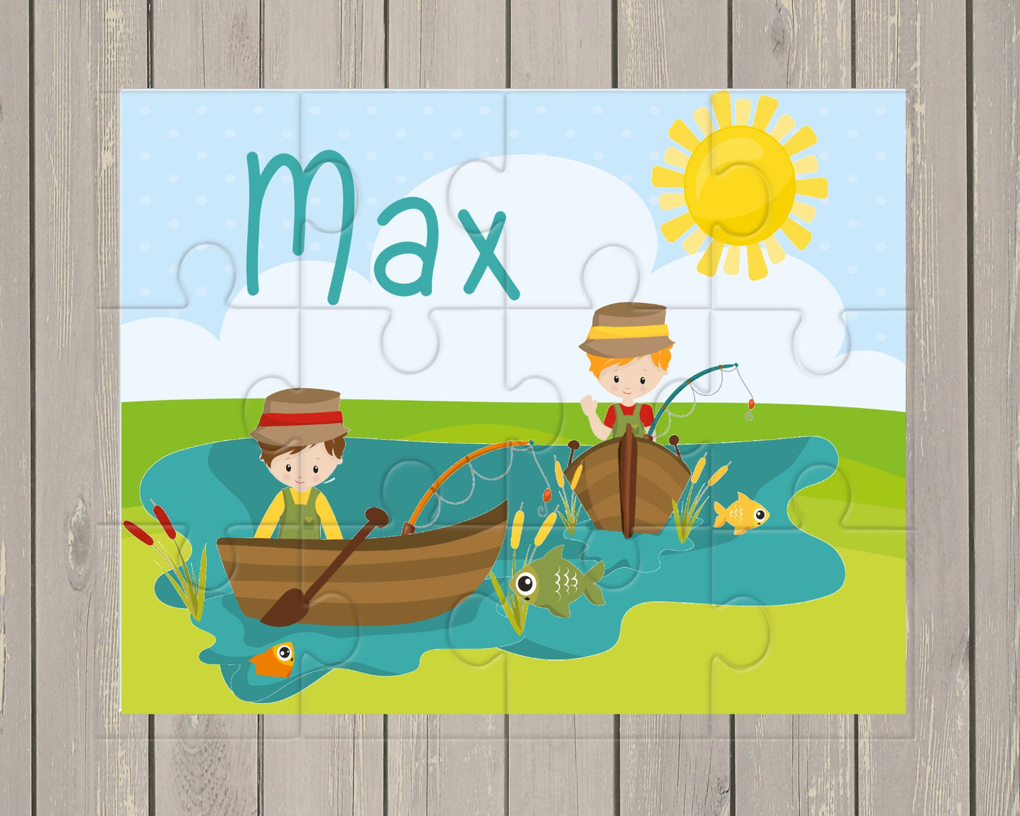 Personalised Fishing Jigsaw Puzzle, Gift for children, Birthday Gift, Party Favours, Boa, Fish, Park, Lake , River, Fishing line. Wood/Card