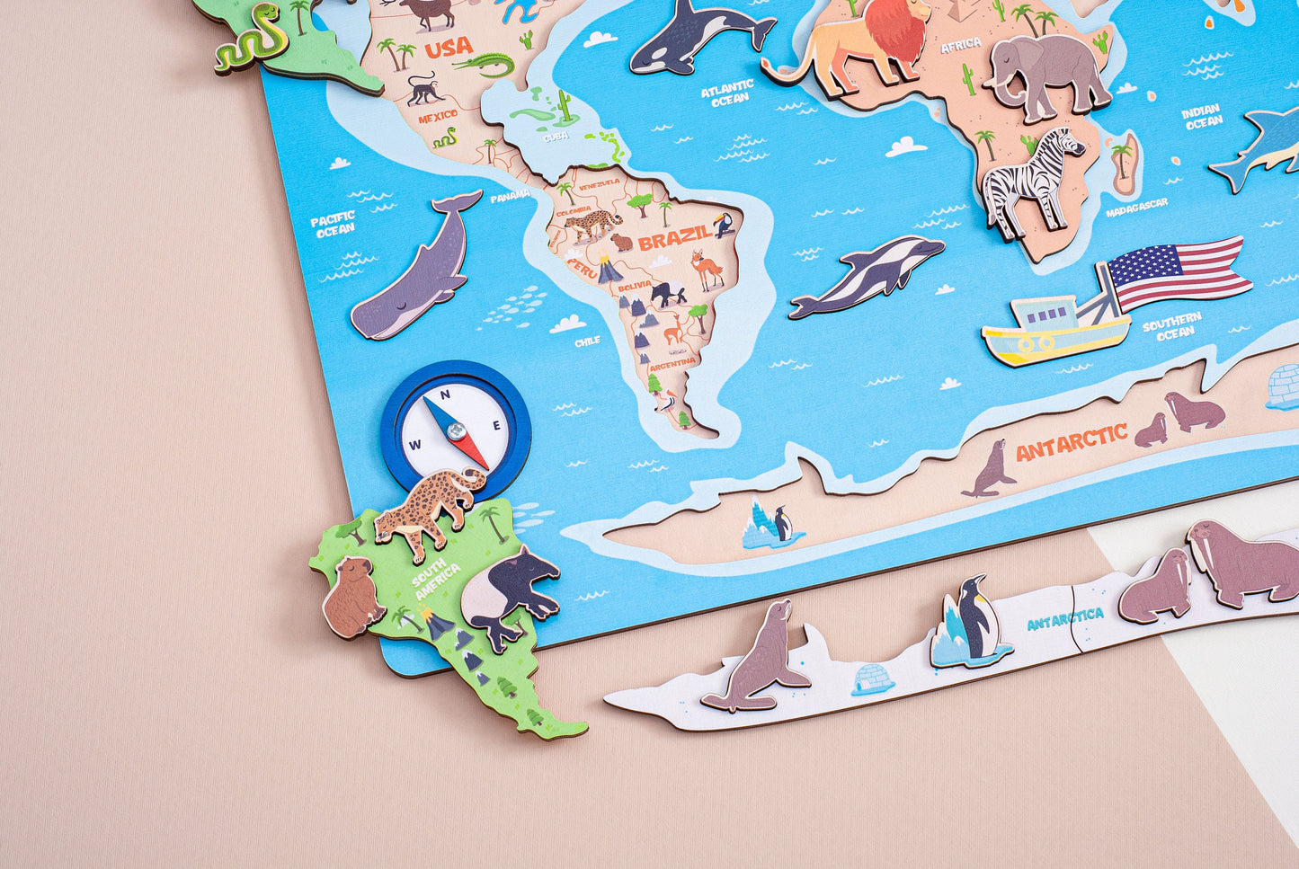 Big World Map Puzzle with Animals | Gift for Kids | Educational Wood Toys | Geography for Kids | Preschool Activities | Toddler Gifts