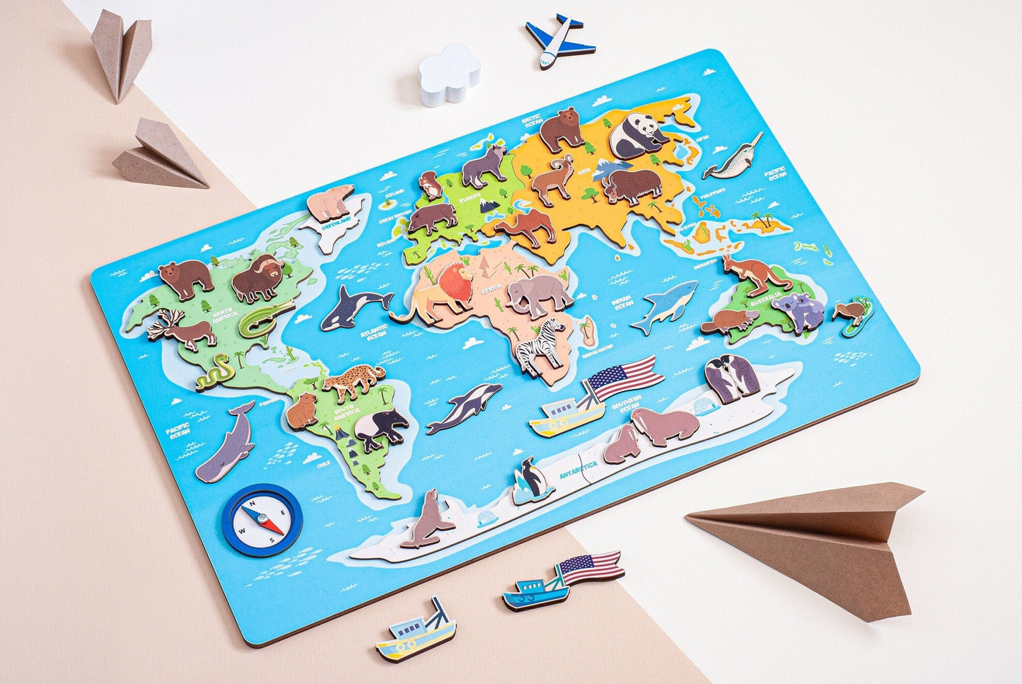 Big World Map Puzzle with Animals | Gift for Kids | Educational Wood Toys | Geography for Kids | Preschool Activities | Toddler Gifts