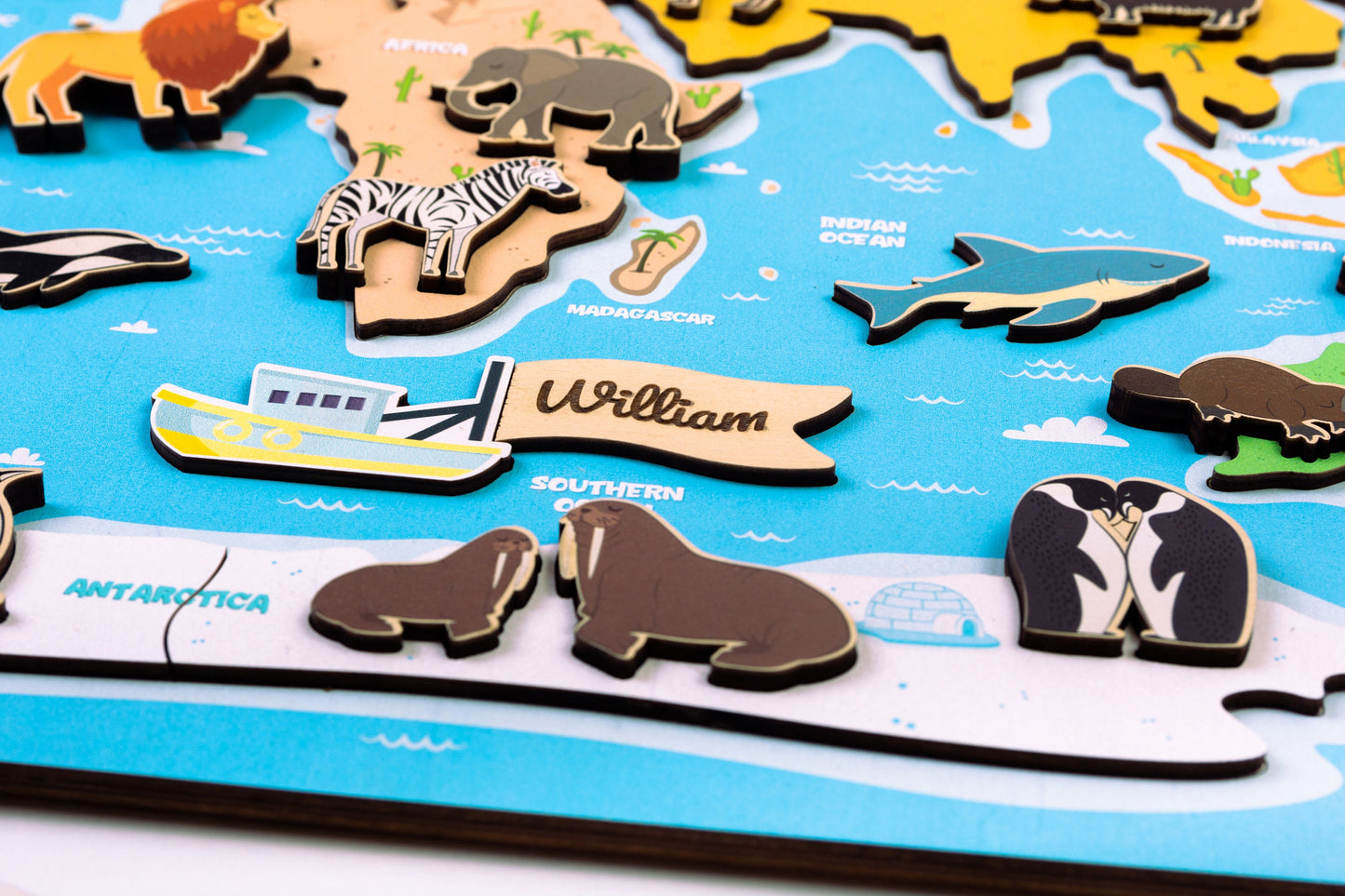 Bright World Map with Animals for Kids, Educational Wooden Toys, World Map Puzzle, Montessori toys, Birthday Gifts for Kids, Back to School