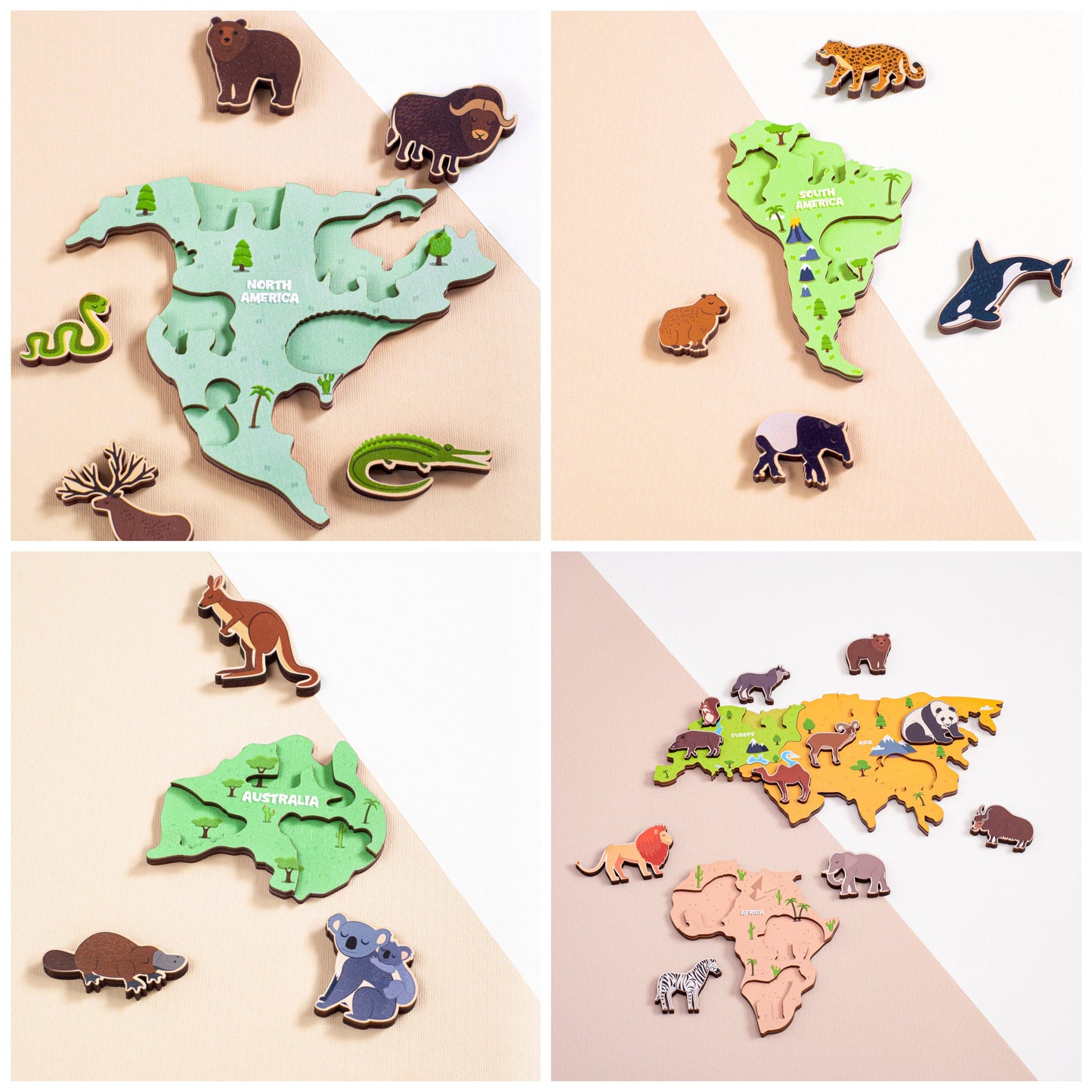 Bright World Map with Animals for Kids, Educational Wooden Toys, World Map Puzzle, Montessori toys, Birthday Gifts for Kids, Back to School