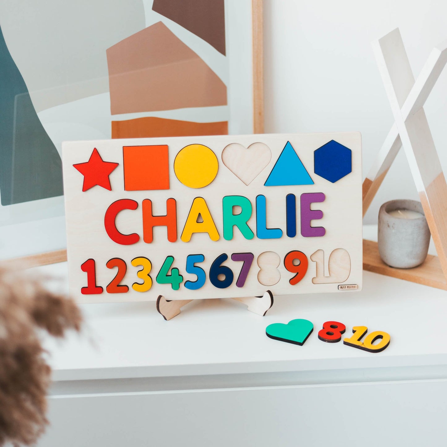 Personalized Montessori Math Board, Baby Name Puzzle, Unique Boy and Girl Birthday Gift, Toddler First Easter, Wooden Shapes and Numbers