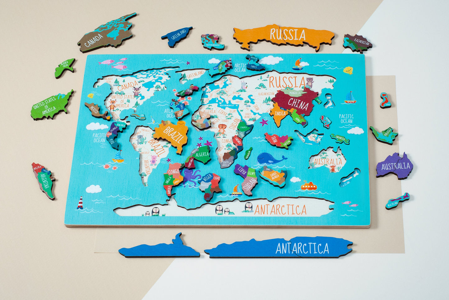 Kids Puzzle - World Map Puzzle, Educational Toy, Wooden Puzzle, Map Puzzle Wooden, Animal World Map, Montessori Toys, Gift for Children