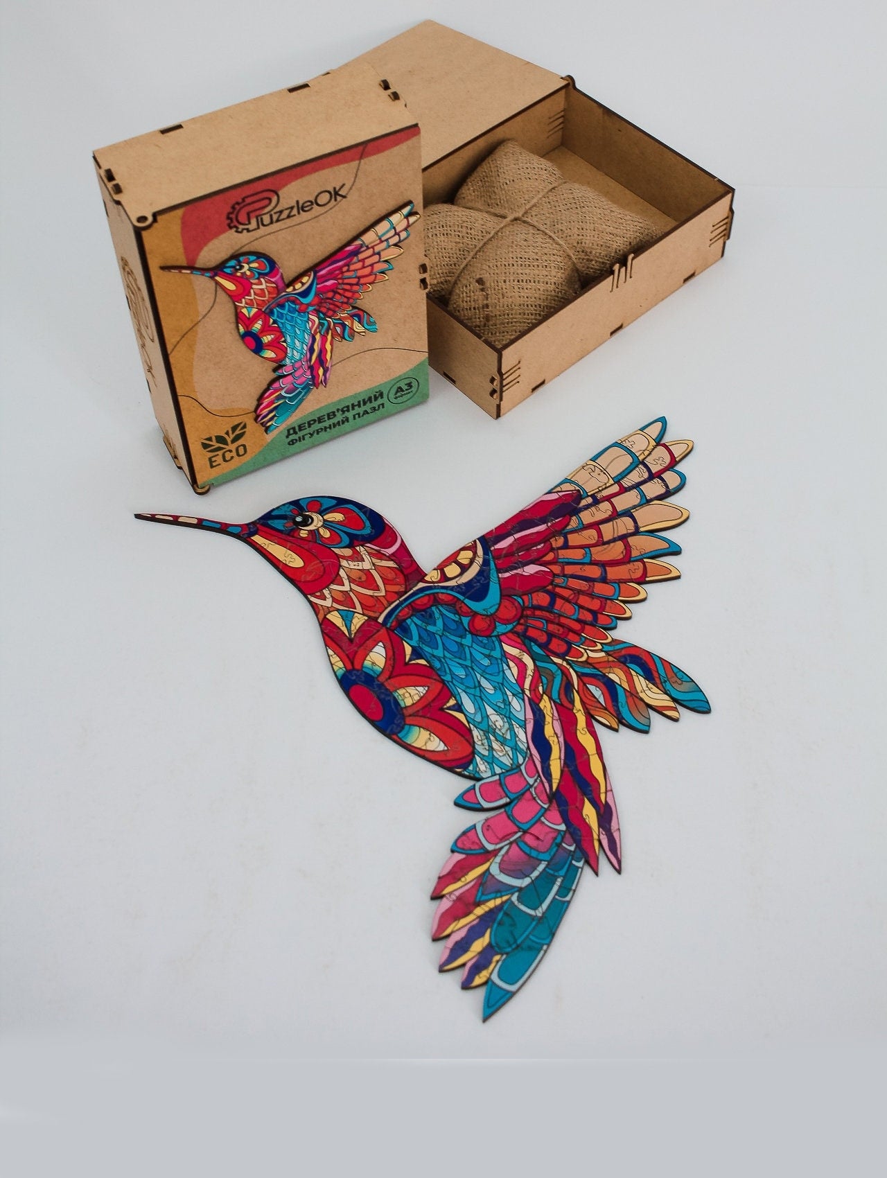 Animal wooden puzzle Fragile Hummingbird - gift wooden ecofriendly puzzle medium and large, Puzzle for adults and kids