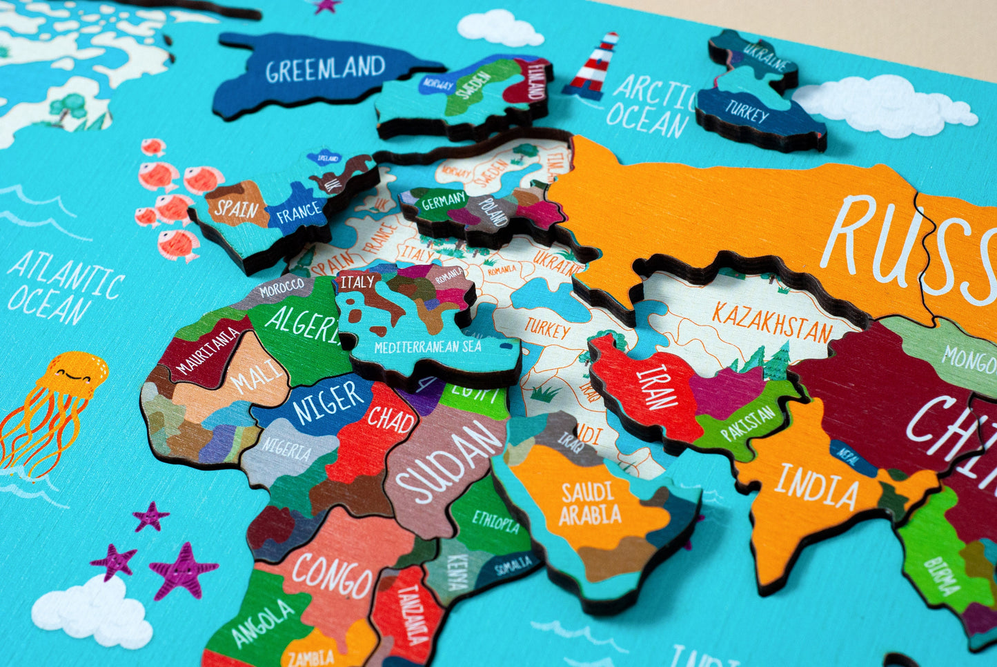 Kids Puzzle - World Map Puzzle, Educational Toy, Wooden Puzzle, Map Puzzle Wooden, Animal World Map, Montessori Toys, Gift for Children